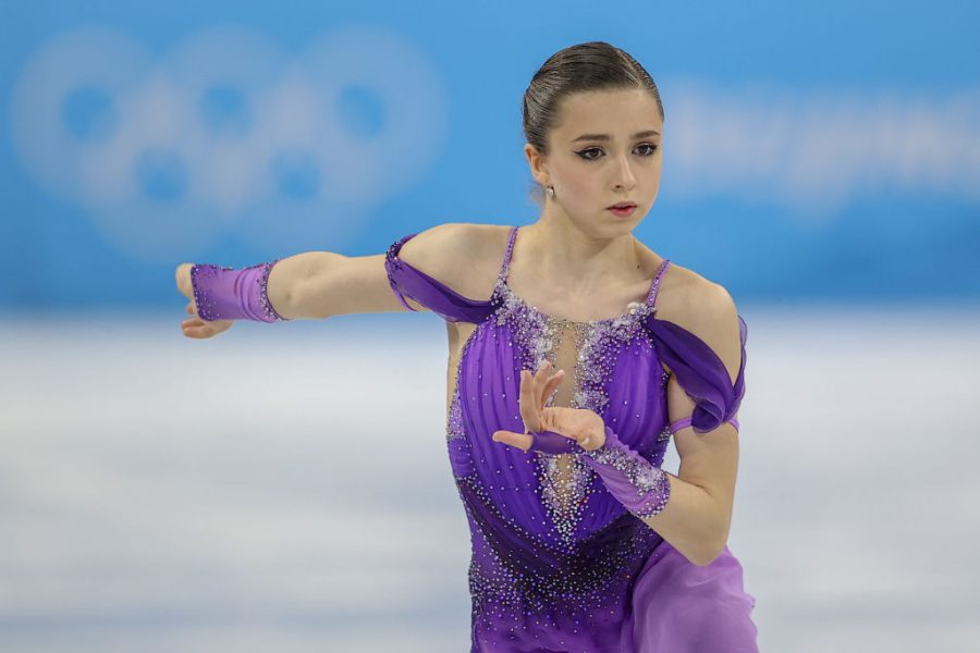 BEIJING, CHINA - FEBRUARY 15: Kamila Valieva of ROC performs during the Women's Single Skating Short Program on day eleven of the Beijing 2022 Winter Olympic Games on February 15, 2022 in Beijing, China. (Photo by Nikolay Muratkin/Anadolu Agency via Getty Images)