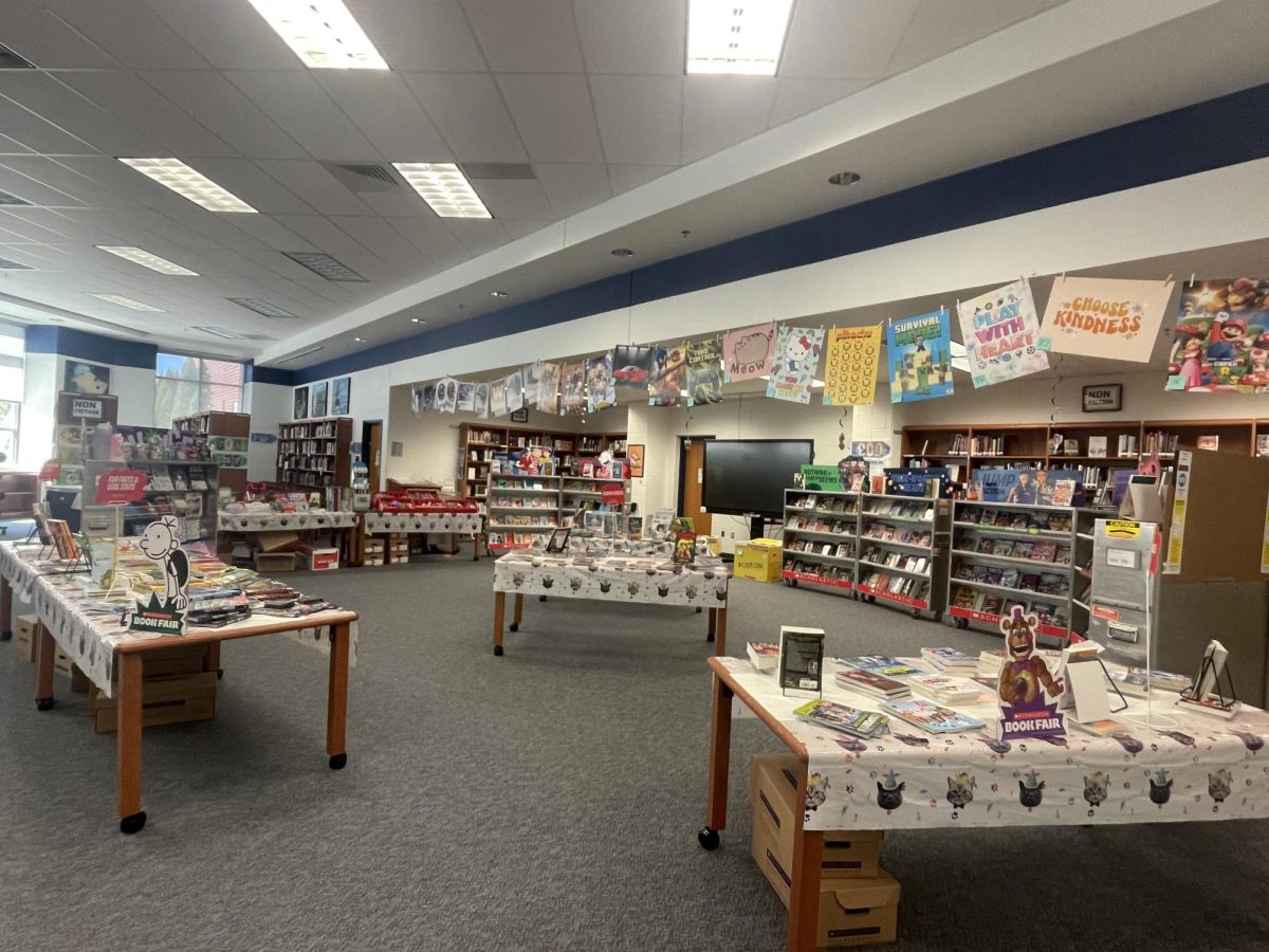 The book fair is placed in the corner of the library for students to purchase books and other items. 
