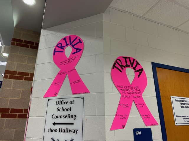 The John Champe Volleyball team has posters they have created around the school to educate the students on why breast cancer is important.
