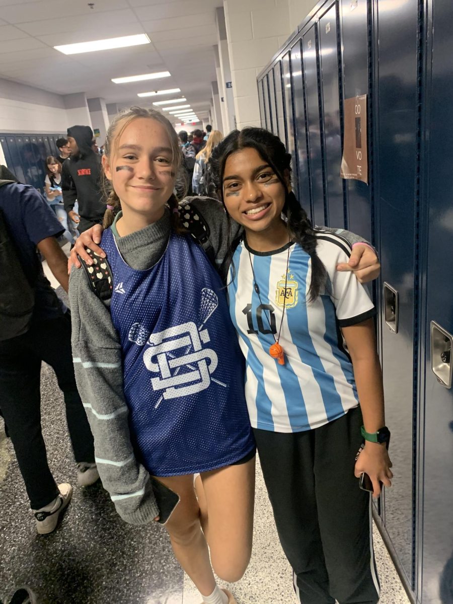 Sophmores Parnika Palavalli and Sasha Vieri dress up for Class Subtheme day as if they are going to a Sporting Event. 