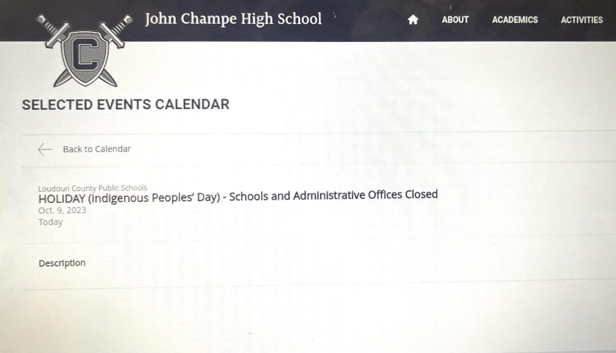 John Champe High School Calendar, student and administrative offices holiday for Indigenous Peoples Day
