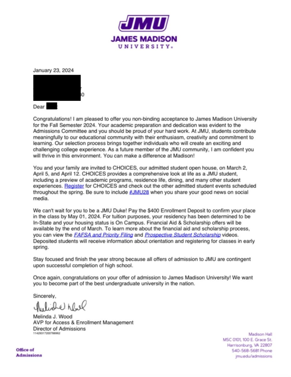 An acceptance letter from James Madison University to a Champe student