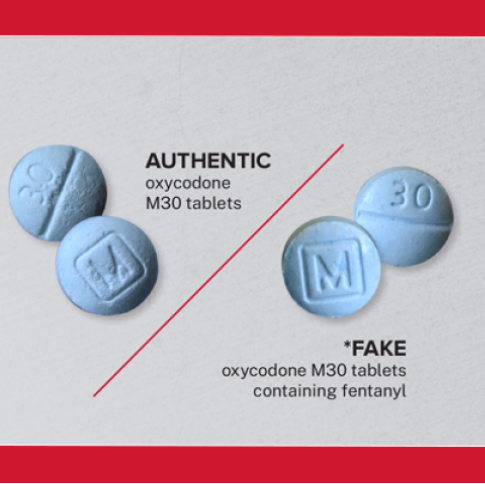 An infographic from the Drug Enforcement Administration about the similarities between authentic and fake oxycodone tablets.