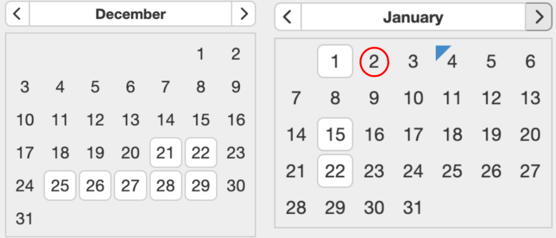 Students return to school the day after New Year’s (Holiday’s highlighted in boxes).
