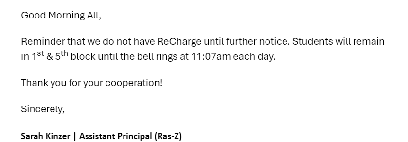 Email sent to JCHS staff regarding the temporary ban of Recharge