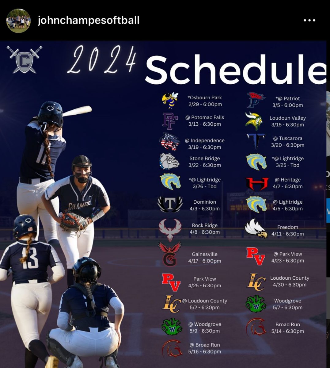 The John Champe softball team has their full season schedule up on Instagram for people to come out and support the team. They posted their schedule in January and have continued to update their feed leading up to this season. 