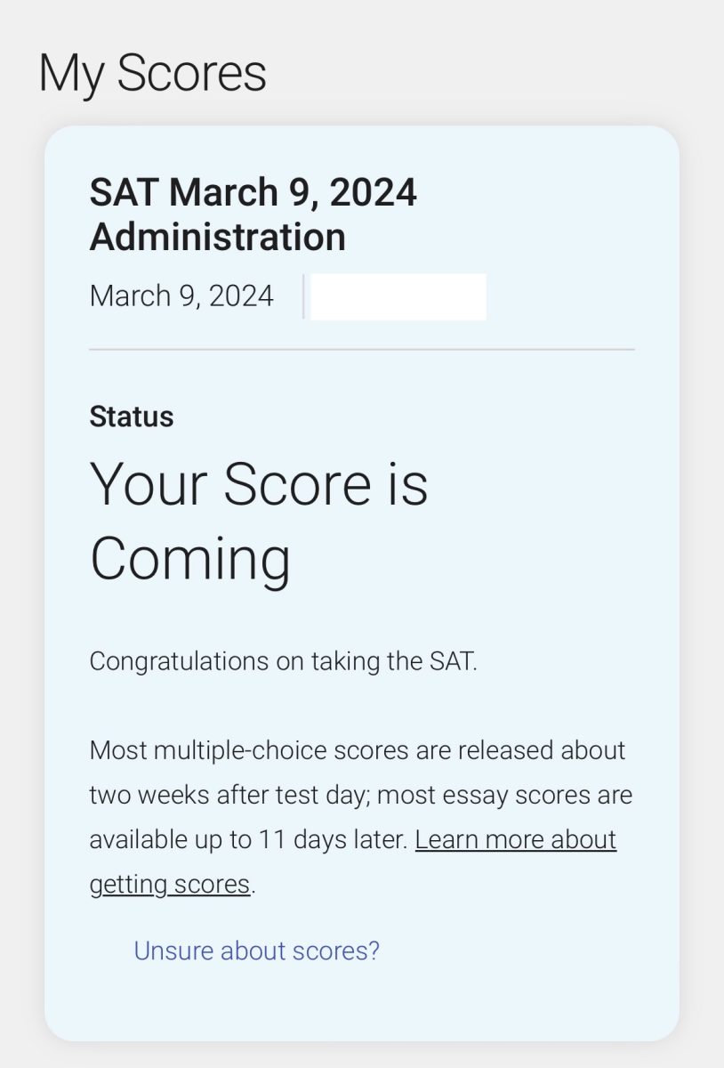 A notification from CollegeBoard to a March 9th SAT test taker, available on the MySAT website. Scores will be reported on this website as well. Personal information has been redacted.