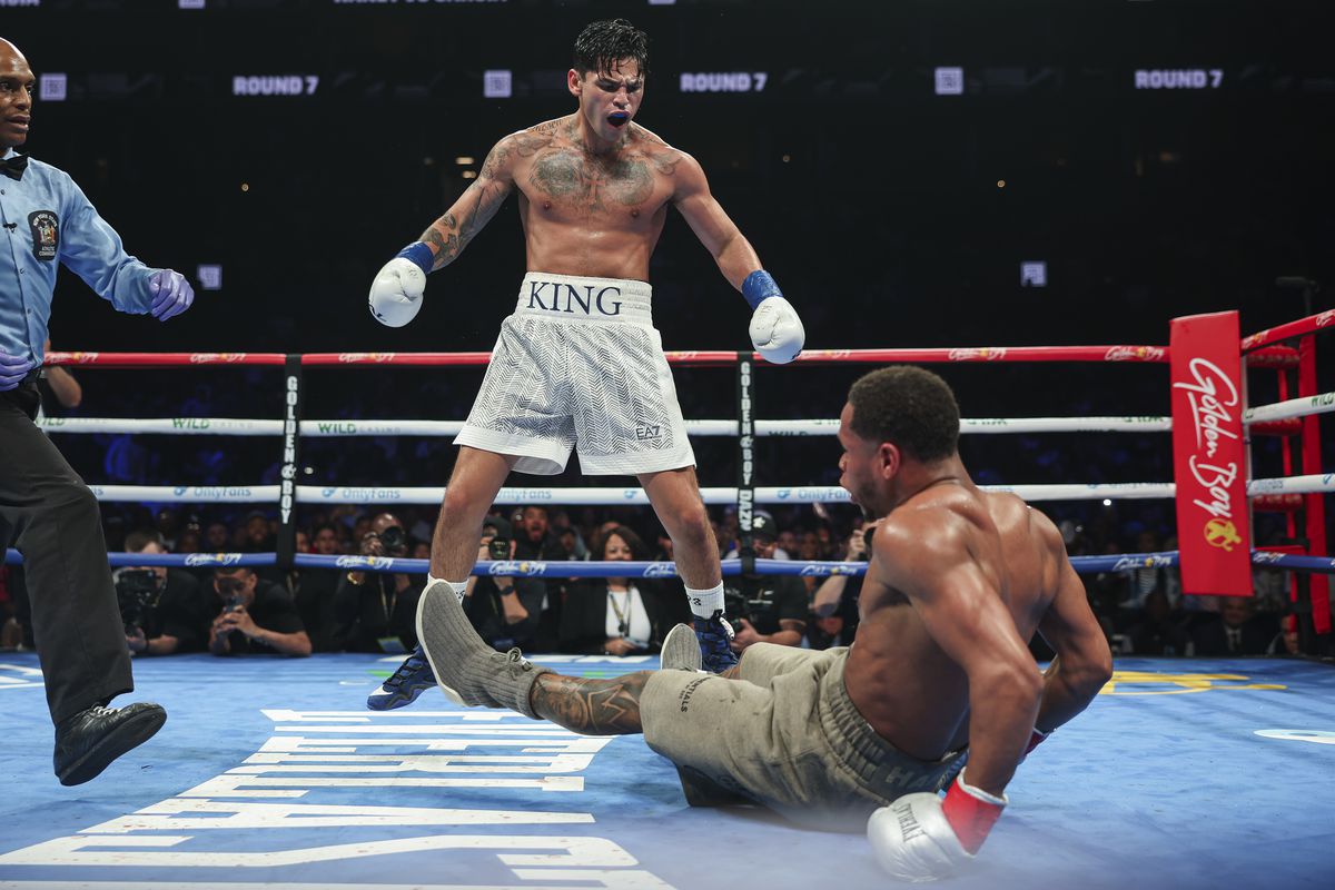 Ryan Garcia drops Devin Haney for the third time. (Photo via Cris Esqeuda @ Getty Images)