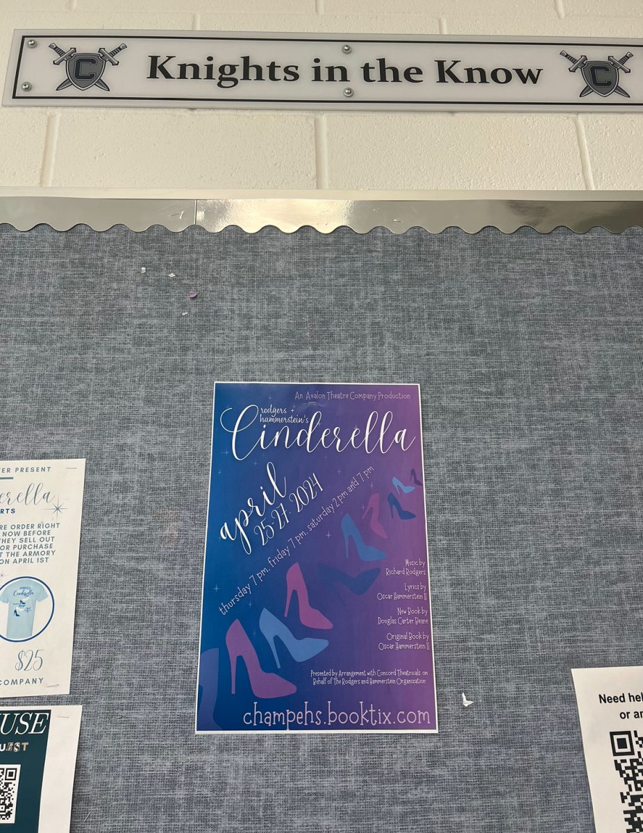 A poster advertising the upcoming showings of Cinderella by the Avalon Theatre Company. Many of these posters can be found around the building.