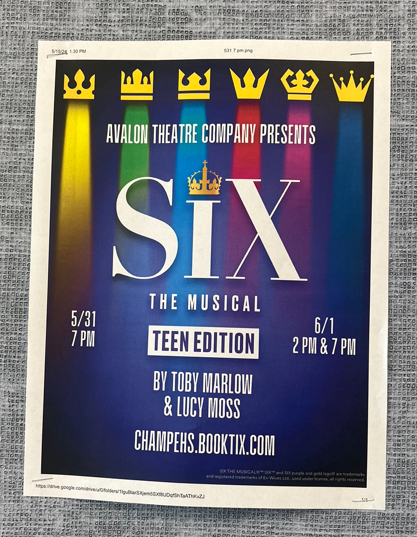 A poster located on an events board in a stairwell about tickets for SIX: Teen Edition being on sale