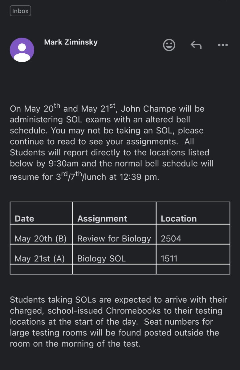 Email sent out by Champe's testing coordinator, Mark Ziminsky, informing students about their upcoming SOL's. 