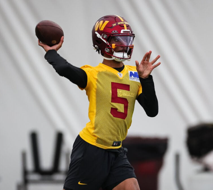 Commanders Quarterback Jayden Daniels at a team minicamp. Minicamps are held in the spring to get rookies used to NFL playing schemes. 