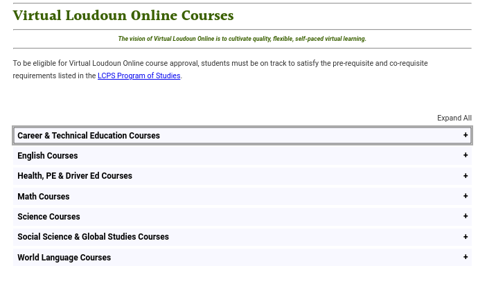 The type of courses that are available at Virtual Loudoun. 
