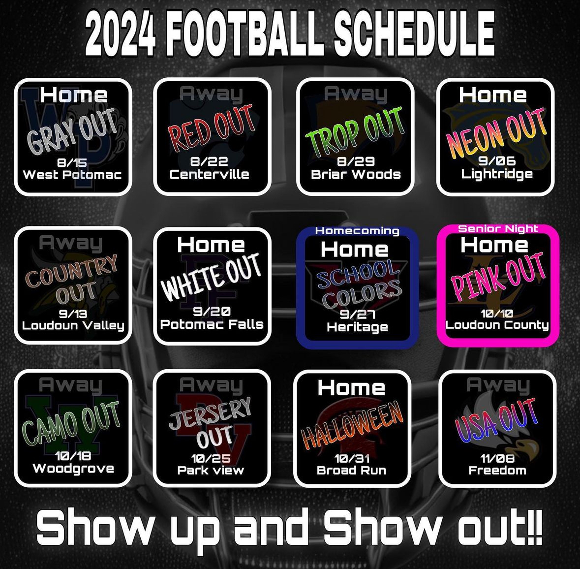 John Champe High Schools Varsity football team's schedule including the spirit themes. The schedule was posted on Aug. 3, 2024. 