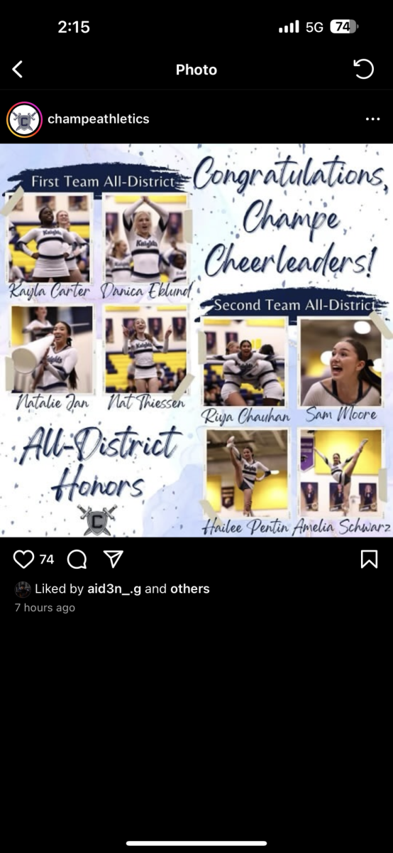 Champe Athletics posted on Instagram honoring and congratulating Champe Cheerleaders on their achievements 