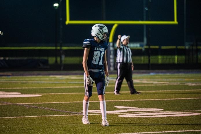 Underclassman Wide Receiver Elijah Marshall waiting for the next play. Marshall, playing in one of the 10-0 games for John Champe Varsity football team. 