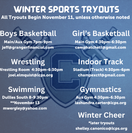 This is the winter tryout schedule made by Emily Brandon. This schedule shows the date, time, and location of when the different trouts are going to be. It also provides the coaches contact information in case any student have questions.