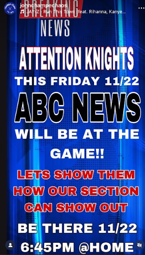 Announcement that ABC News will be at Friday''s game (Photo courtesy of @johnchampechaos on Instagram)