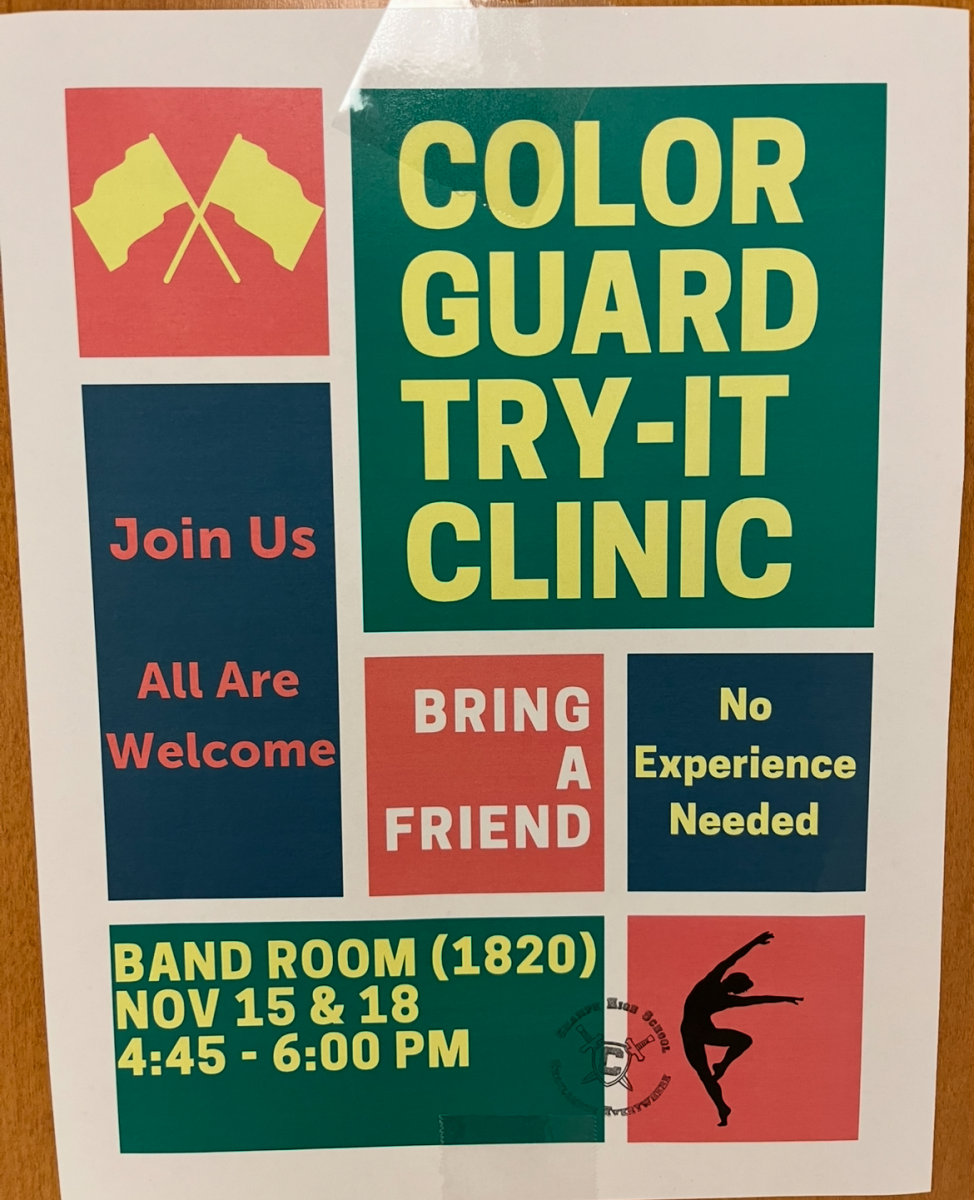 Poster advertising Indoor Color Guard’s Try-It Clinics captured Nov. 12, 2024 on the door to the band room in the fine arts hallway. Try-It clinics help show what sort of activities go on in Indoor Color Guard and acclimate members into the environment.