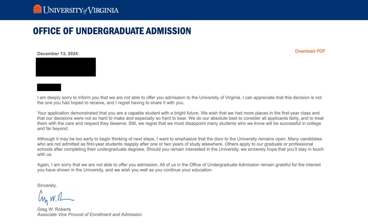 The rejection letter sent by the University of Virginia to applicants on December 13th, 2024. 