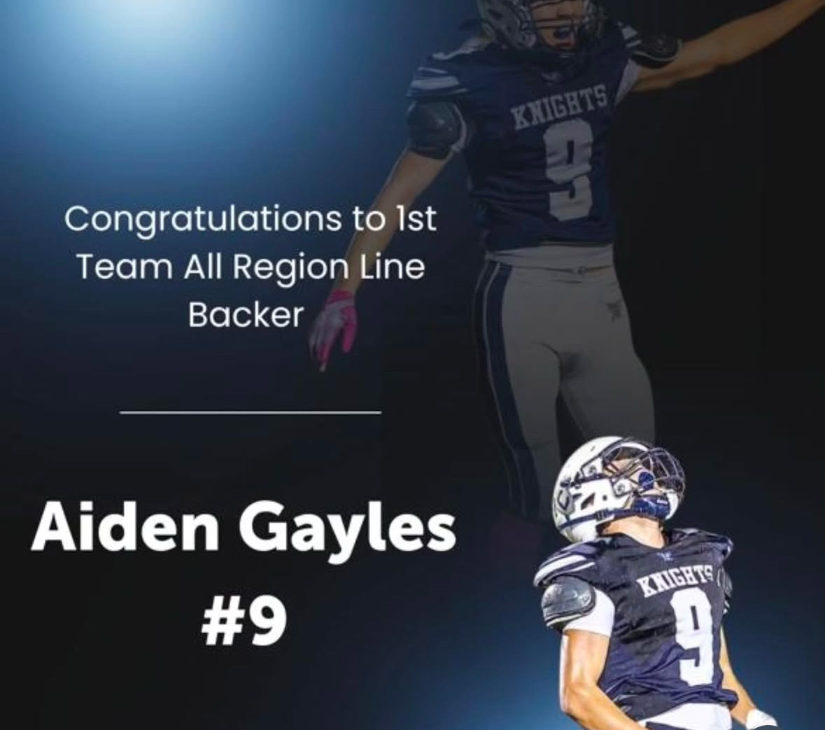 Aiden Gayles is a Line Backer for the John Champe Knights Football team. Aiden Gayles was named 1st Team All Region on  Dec. 4. 