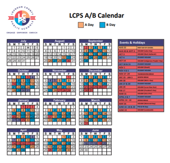 Today’s LCPS Calendar with the original schedule of 5-day weekdays and 2-day weekends. 
