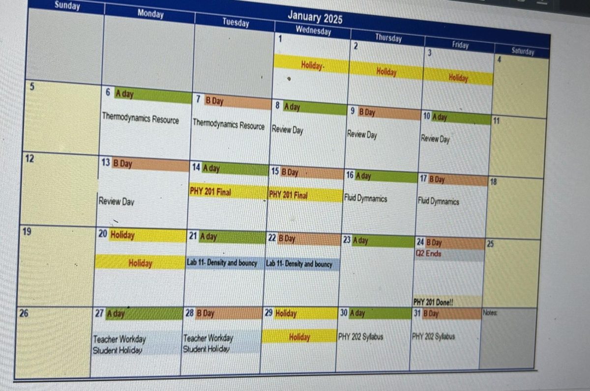 Calendar of DE Physics due to Winter Break.