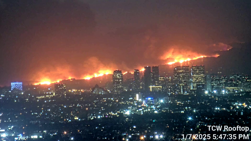 An angle of the fire from the top of the TCW Tower in downtown LA. 