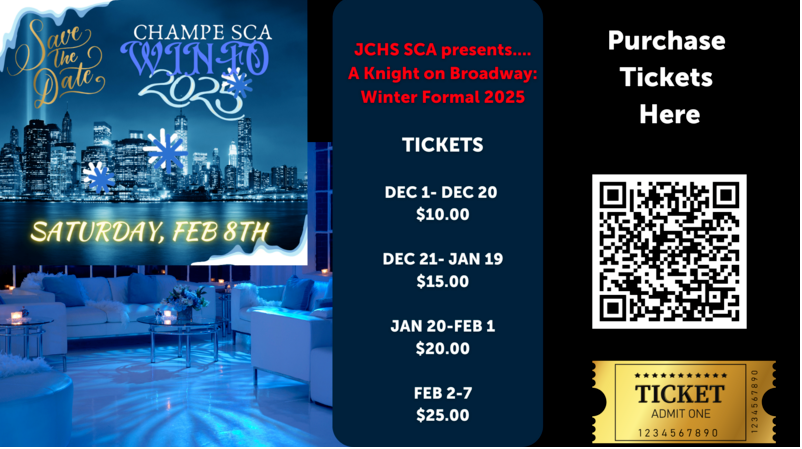 Announcement from Champe SCA about the Winter Formal tickets and what the theme of the dance is. 