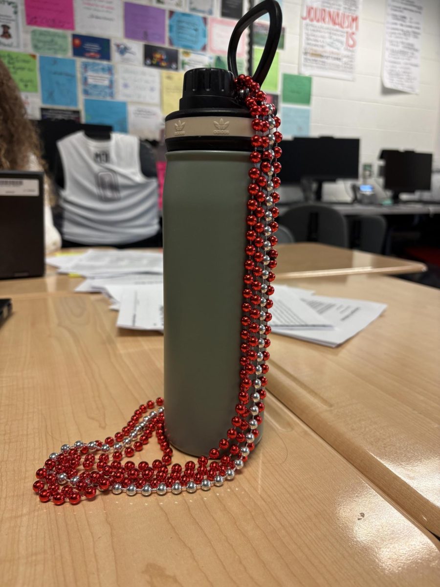 Four beaded necklaces a student has won through the Rock, Paper, Scissors competition. 