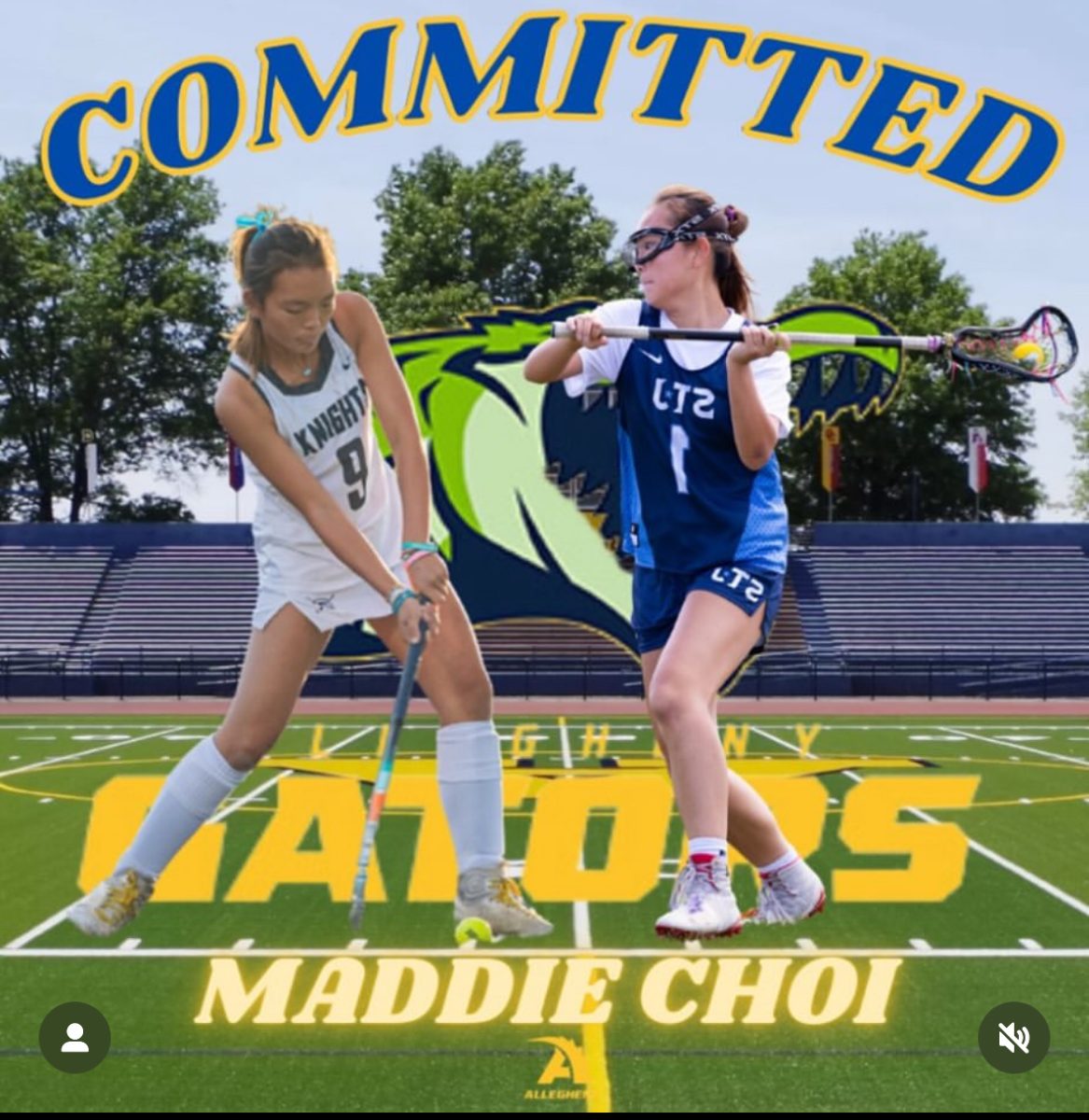 After playing field hockey and lacrosse for many years, Maddie Choi has committed to Allegheny College. On the left, she is shows her playing field hockey for JCHS, and on the right it shows her playing lacrosse for her club team.  