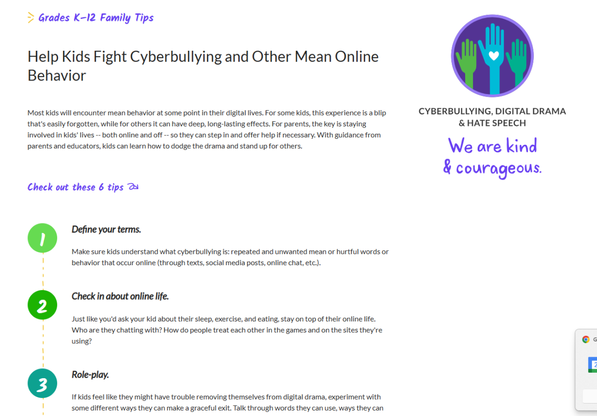 The homescreen for family tips on cyberbullying. These resources are linked in the article as well as sent out on the Knightly Newsletter to keep parents and students informed